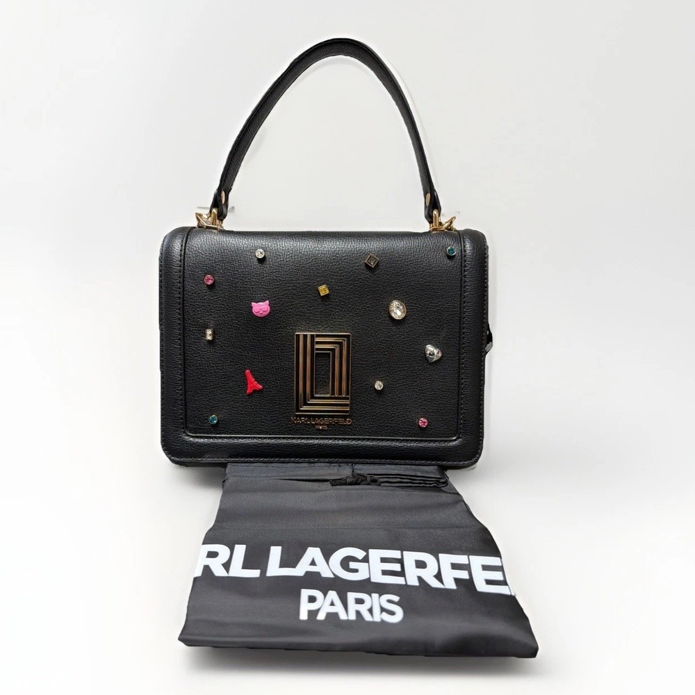 NWT Karl Lagerfeld Simone Black Leather Jewel Charm Crossbody Bag w Dust Bag